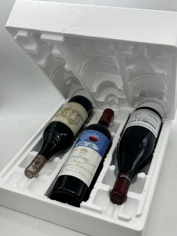 Drei Flaschen erlesener Weine, in einer geöffneten Styroporverpackung gesichert und versandbereit